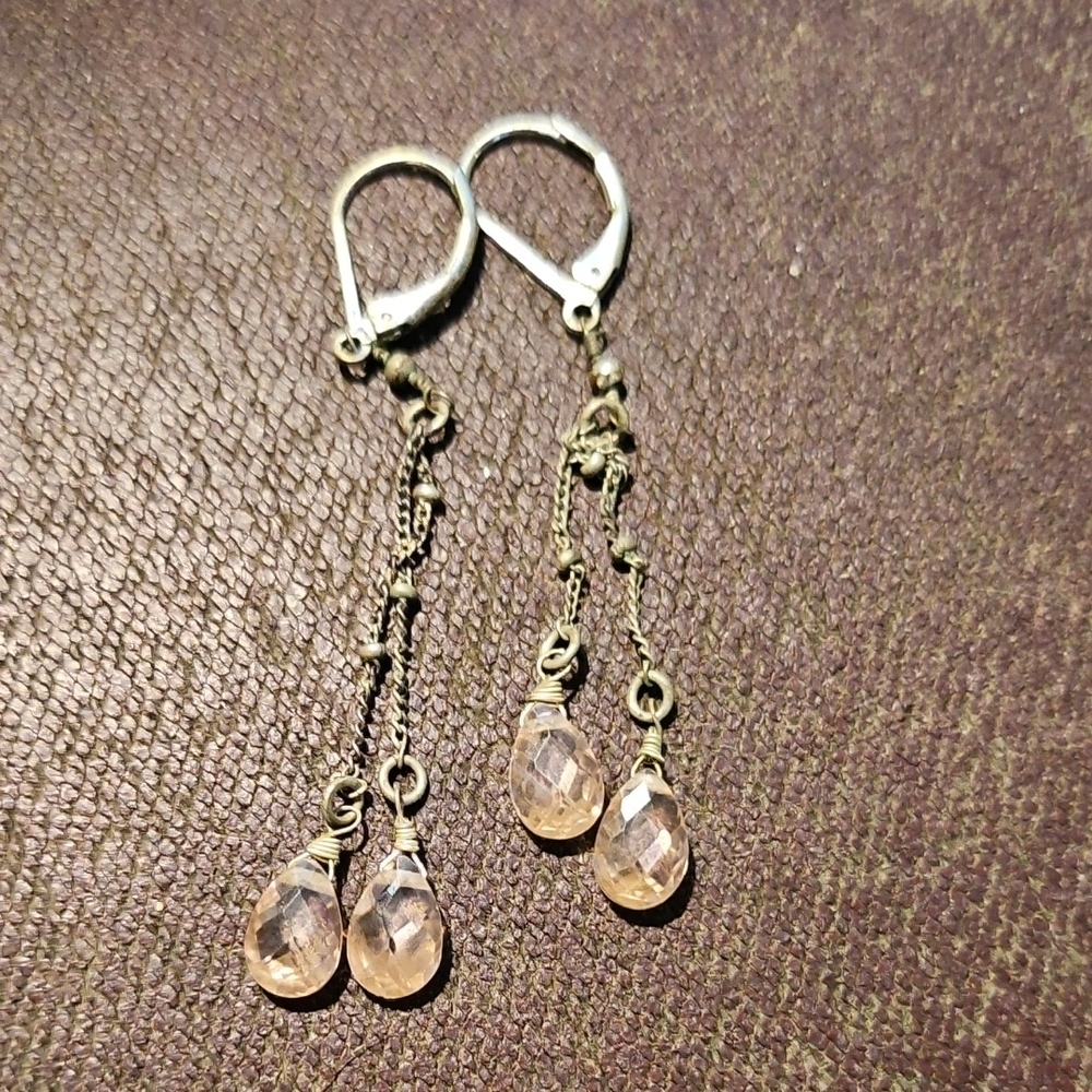 Delicate Gold Drop Dangle Earrings with Peach Crystal Beads